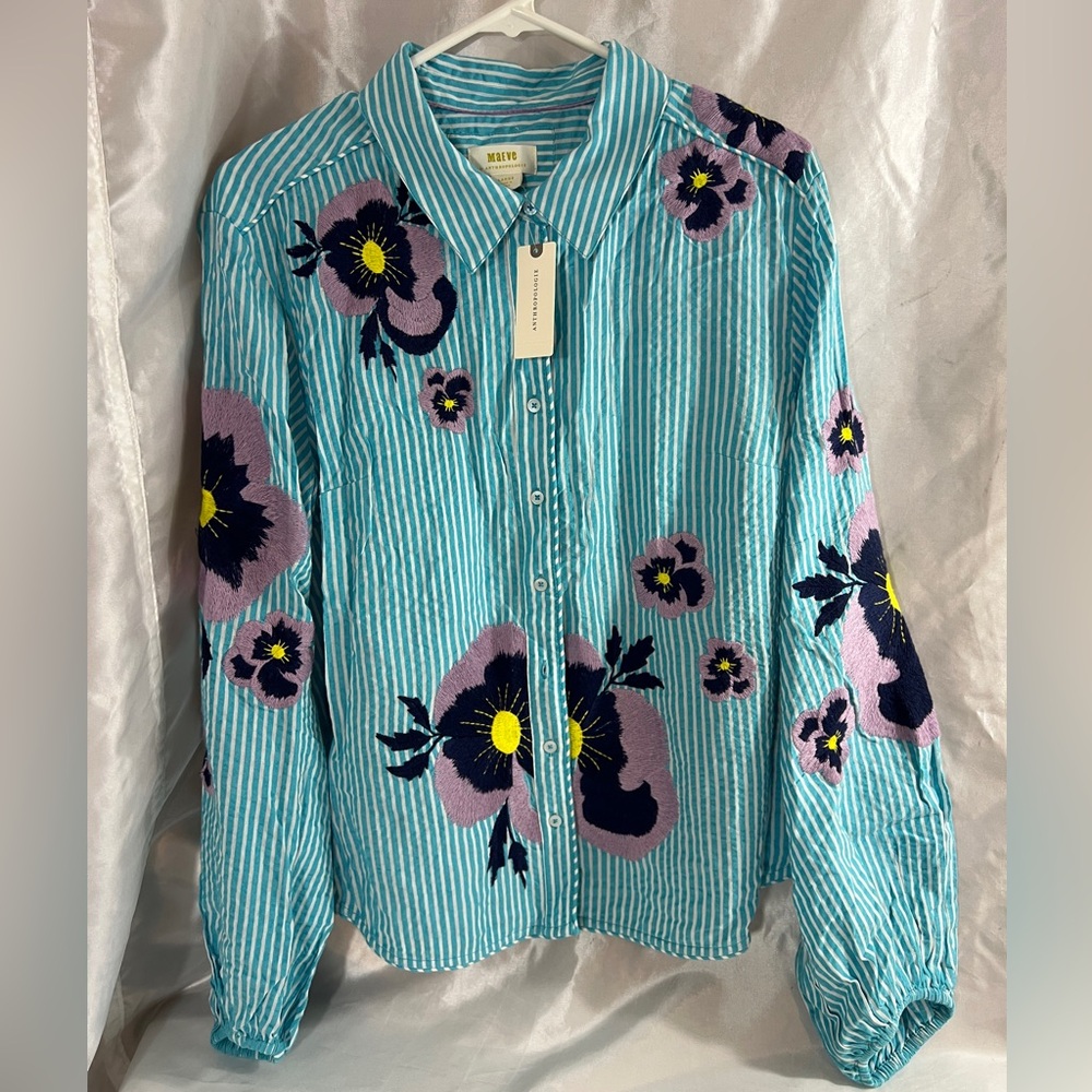 NWT Anthropologie Maeve Embroidered Button-Down Floral Patchwork Turquoise - Picture 3 of 8